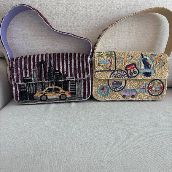 Viral Beaded Bags - NY Taxi Cab & Route 66 Shoulder Bags (2) - Made in India - Picture 1 of 15